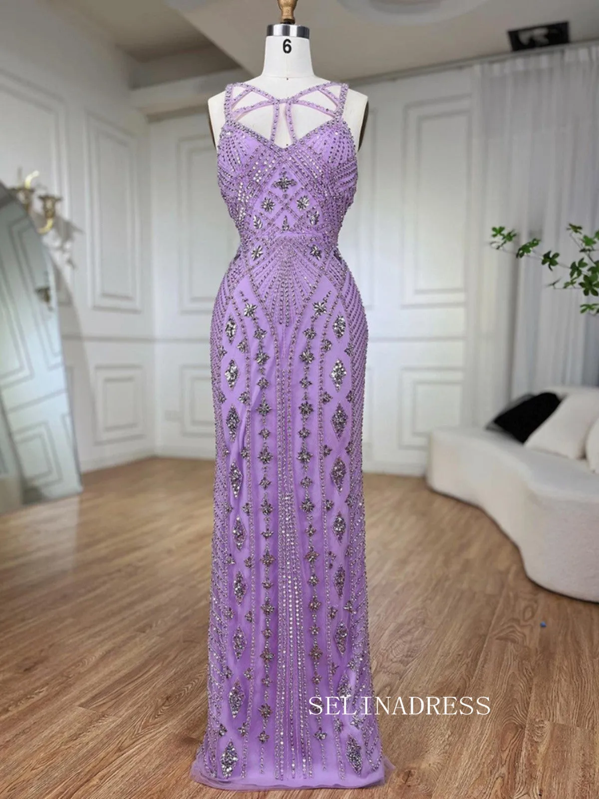 Sheath/Column V Neck lilac Beaded Prom Dresses Luxury Evening Gowns LA72186