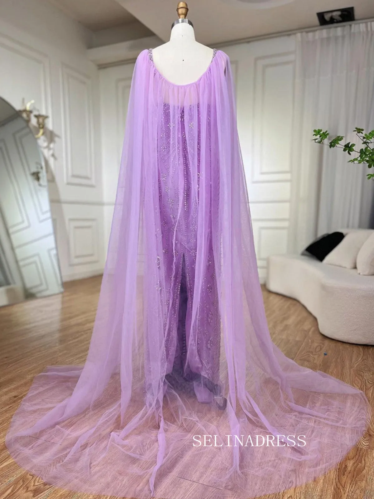 Sheath/Column V Neck lilac Beaded Prom Dresses Luxury Evening Gowns LA72186