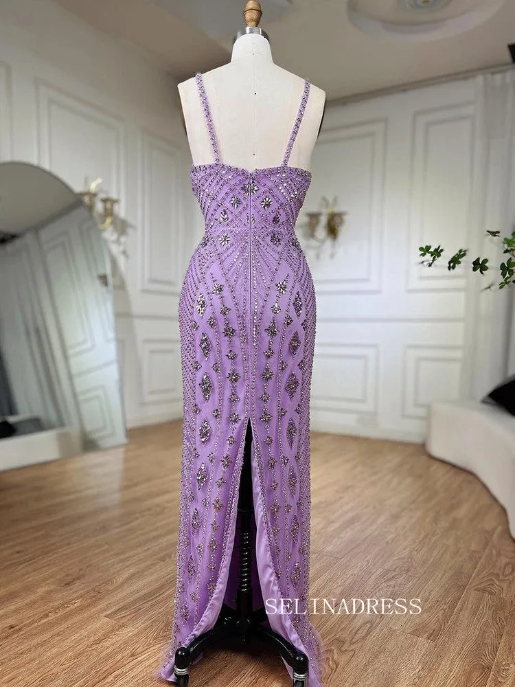 Sheath/Column V Neck lilac Beaded Prom Dresses Luxury Evening Gowns LA72186
