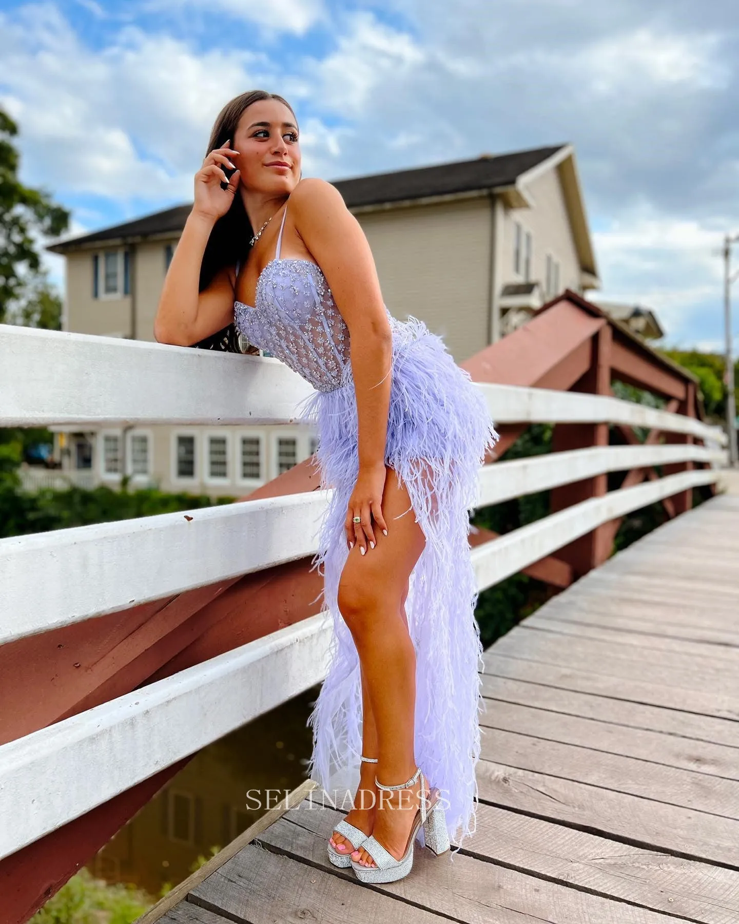 Spaghetti Straps Lilac Prom Dress A-line Feather Beaded Long Formal Dresses KPY001