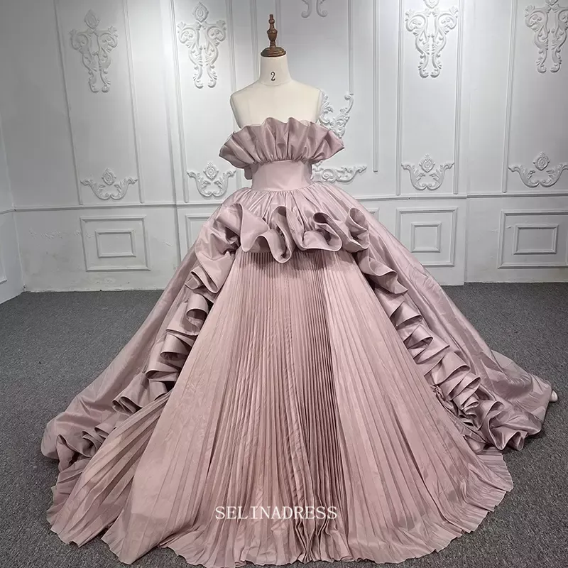Strapless Pink Ball Gown Ruffles Prom Dress Princess Pageant Dress DY9879