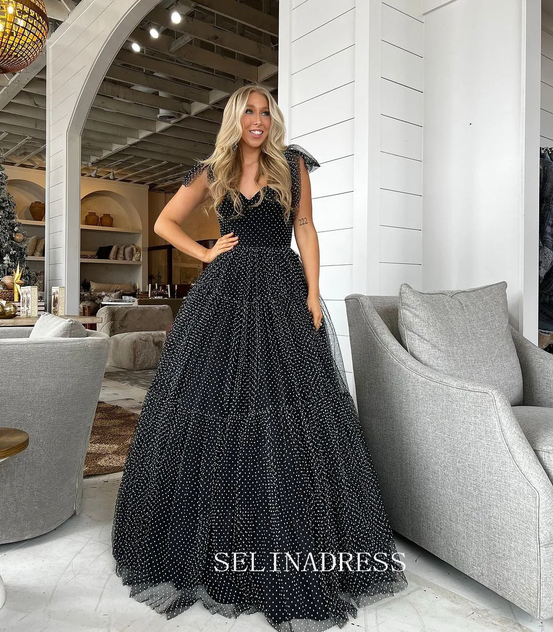 Straps A-Line Black Swiss Dot Tulle Prom Dress with Bow Tie lpk803
