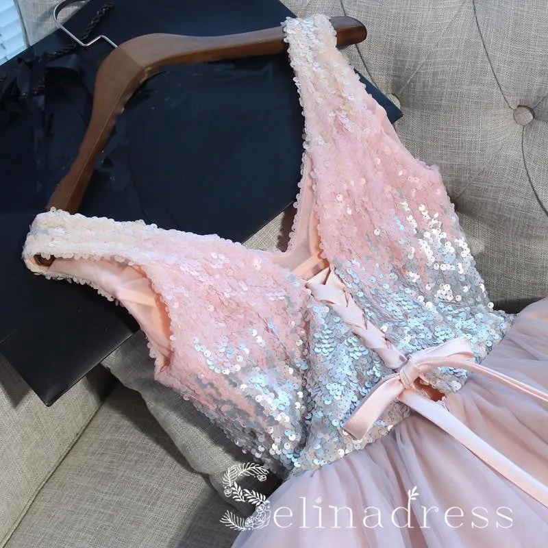 V neck Cute Homecoming Dresses With Sequins Pink Juniors Short Prom Drsess HML017