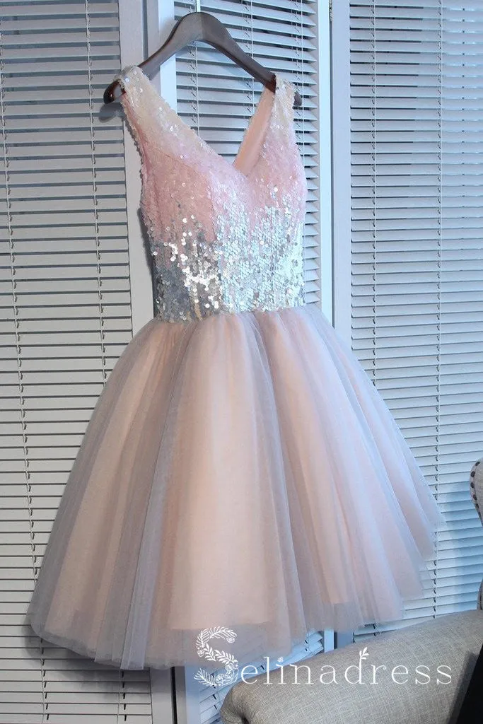 V neck Cute Homecoming Dresses With Sequins Pink Juniors Short Prom Drsess HML017
