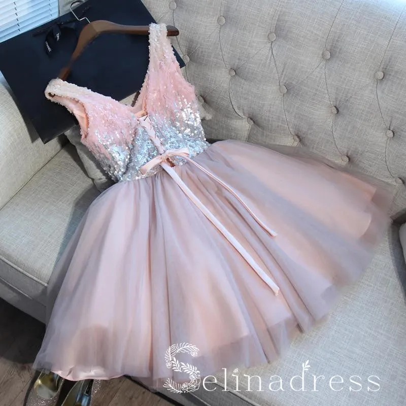 V neck Cute Homecoming Dresses With Sequins Pink Juniors Short Prom Drsess HML017