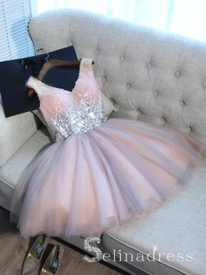 V neck Cute Homecoming Dresses With Sequins Pink Juniors Short Prom Drsess HML017