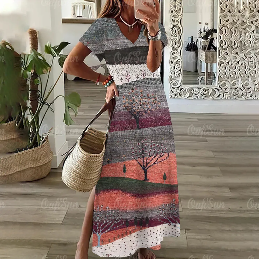 Vintage Graphic Print Dresses Plus Size Midi Women's Fashion