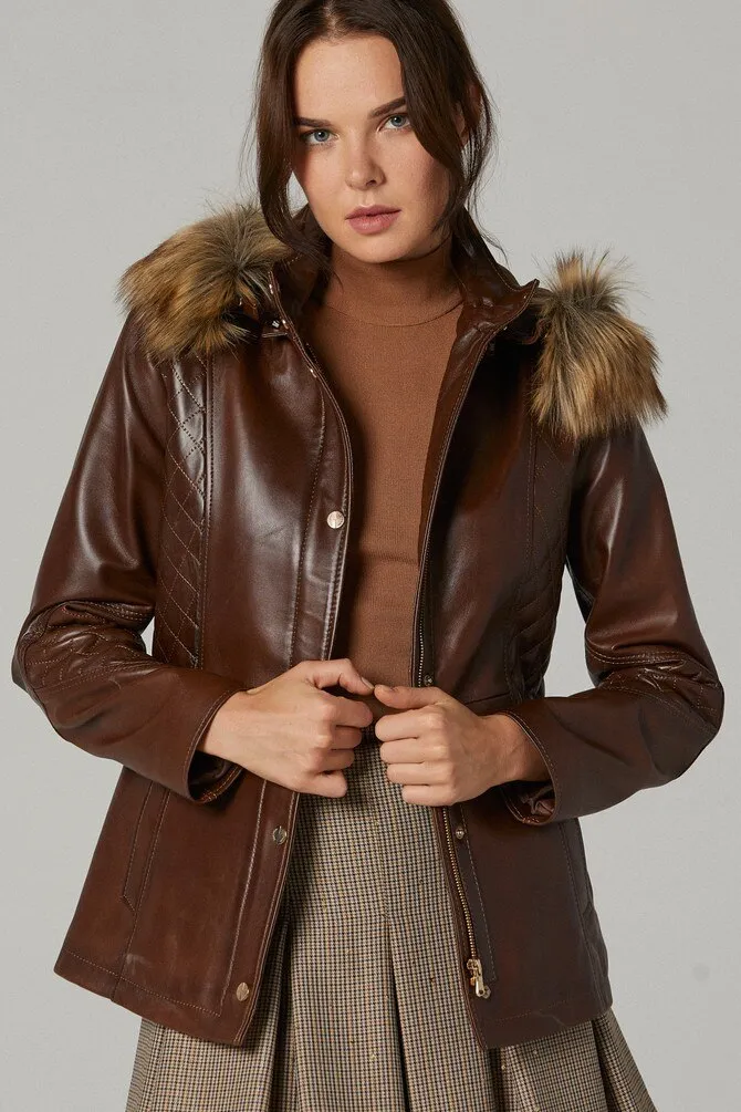 Women Premium Quality Sheepskin Leather Faux Fur Hoodie By TJS