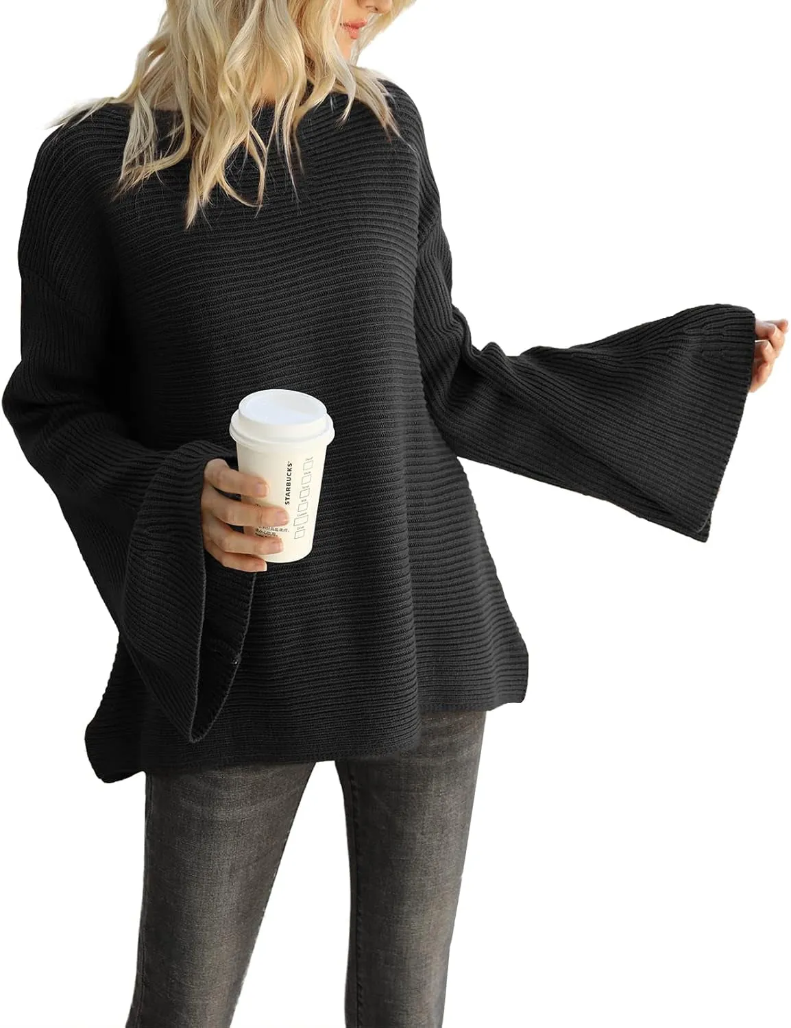 Women'S Bell Sleeve Sweater Loose Fit Knitted Pullover Lightweight Knitwear