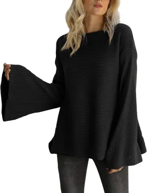 Women'S Bell Sleeve Sweater Loose Fit Knitted Pullover Lightweight Knitwear