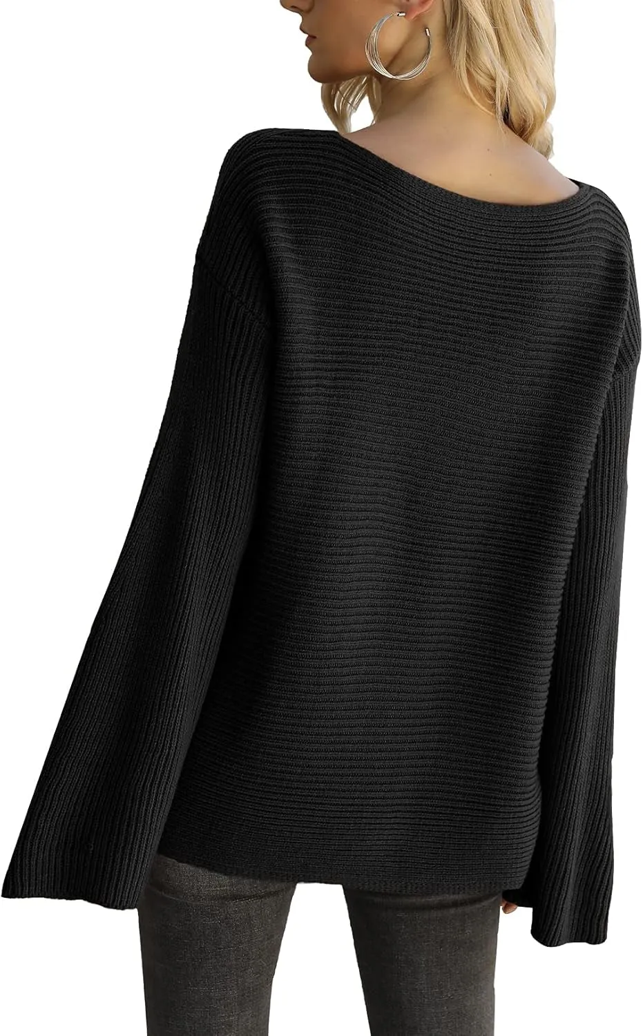 Women'S Bell Sleeve Sweater Loose Fit Knitted Pullover Lightweight Knitwear