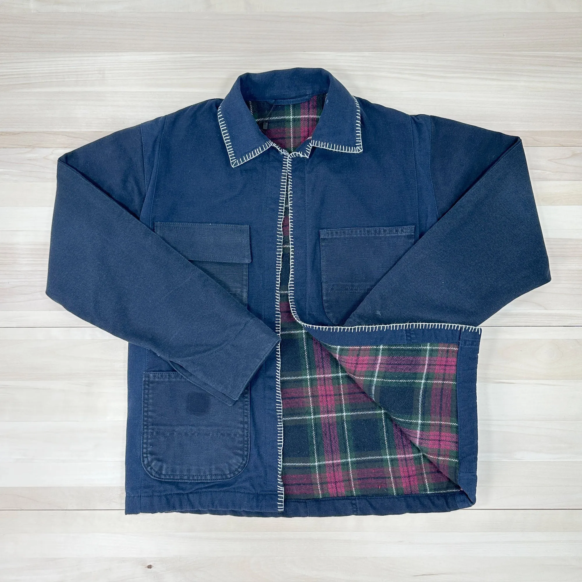 Women's Chore Coat Made From Upcycled Work Jeans - Blanket Stitching - Small
