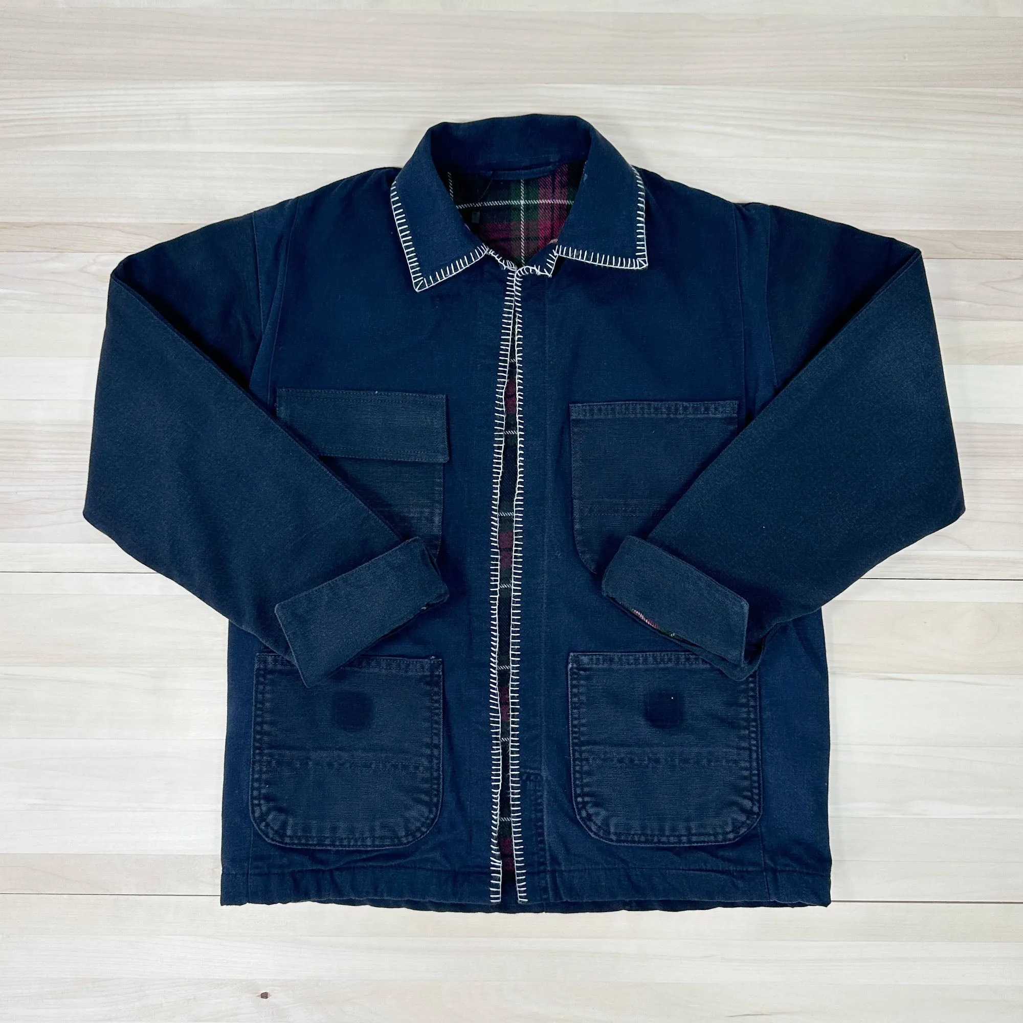 Women's Chore Coat Made From Upcycled Work Jeans - Blanket Stitching - Small